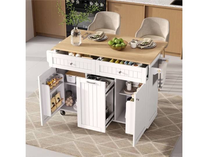 Ilot Central Cuisine avec Plan de Travail Extensible et Rangement Ilot Cuisine avec Tiroirs Étagères Ajustables Blanc et Bois