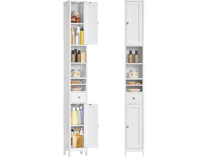 Badezimmerschrank hoch schmal mit Schublade und Ablagen weiss