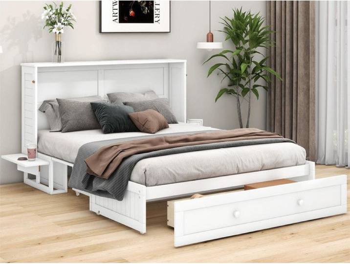 Lit multifonction escamotable 140x200cm en bois massif - MODERNLUXE - Blanc - Avec tiroir et support