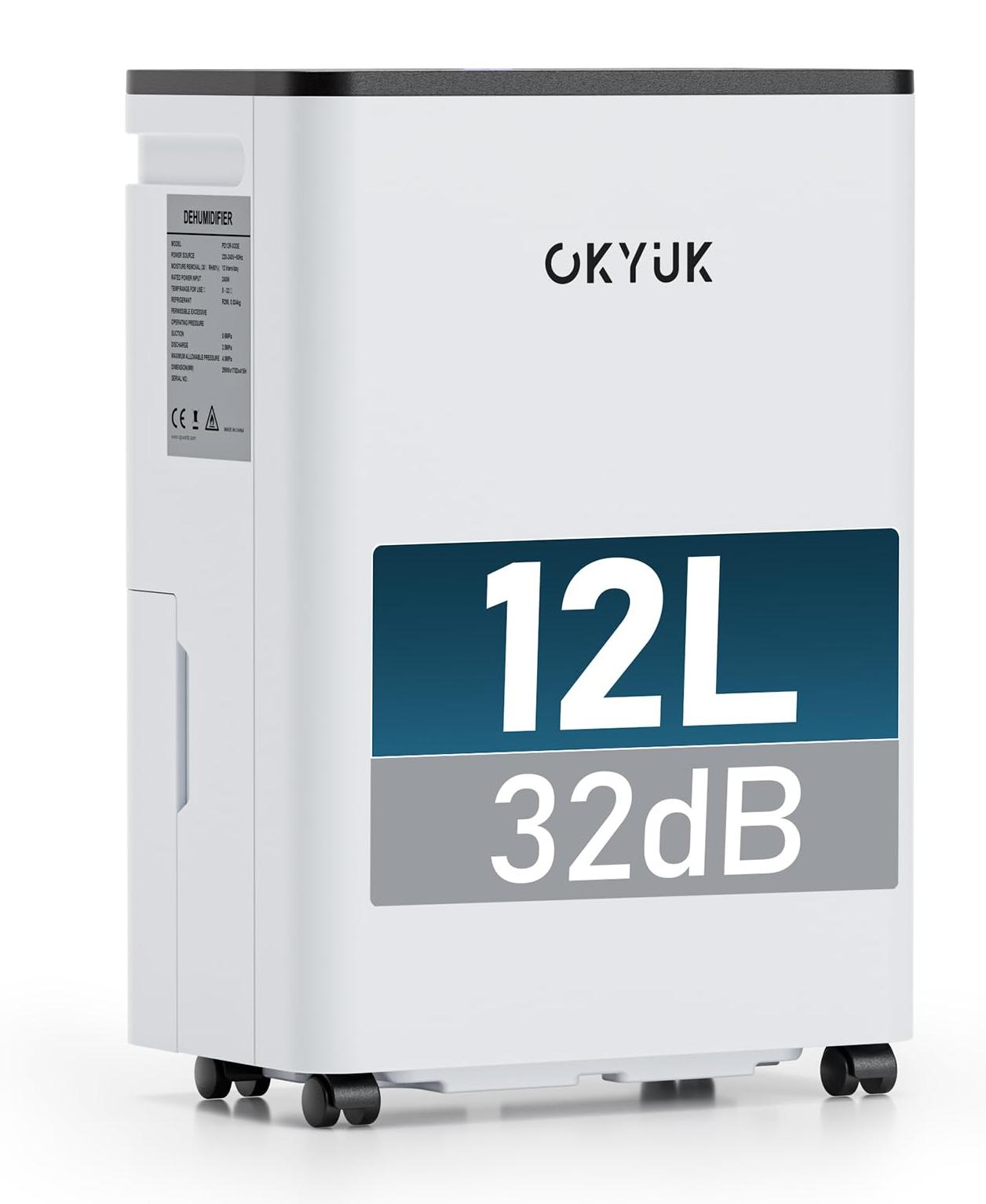 Luftentfeuchter 12L/Tag, 90 m³, 32 dB, automatische Abtauung, R290, weiß