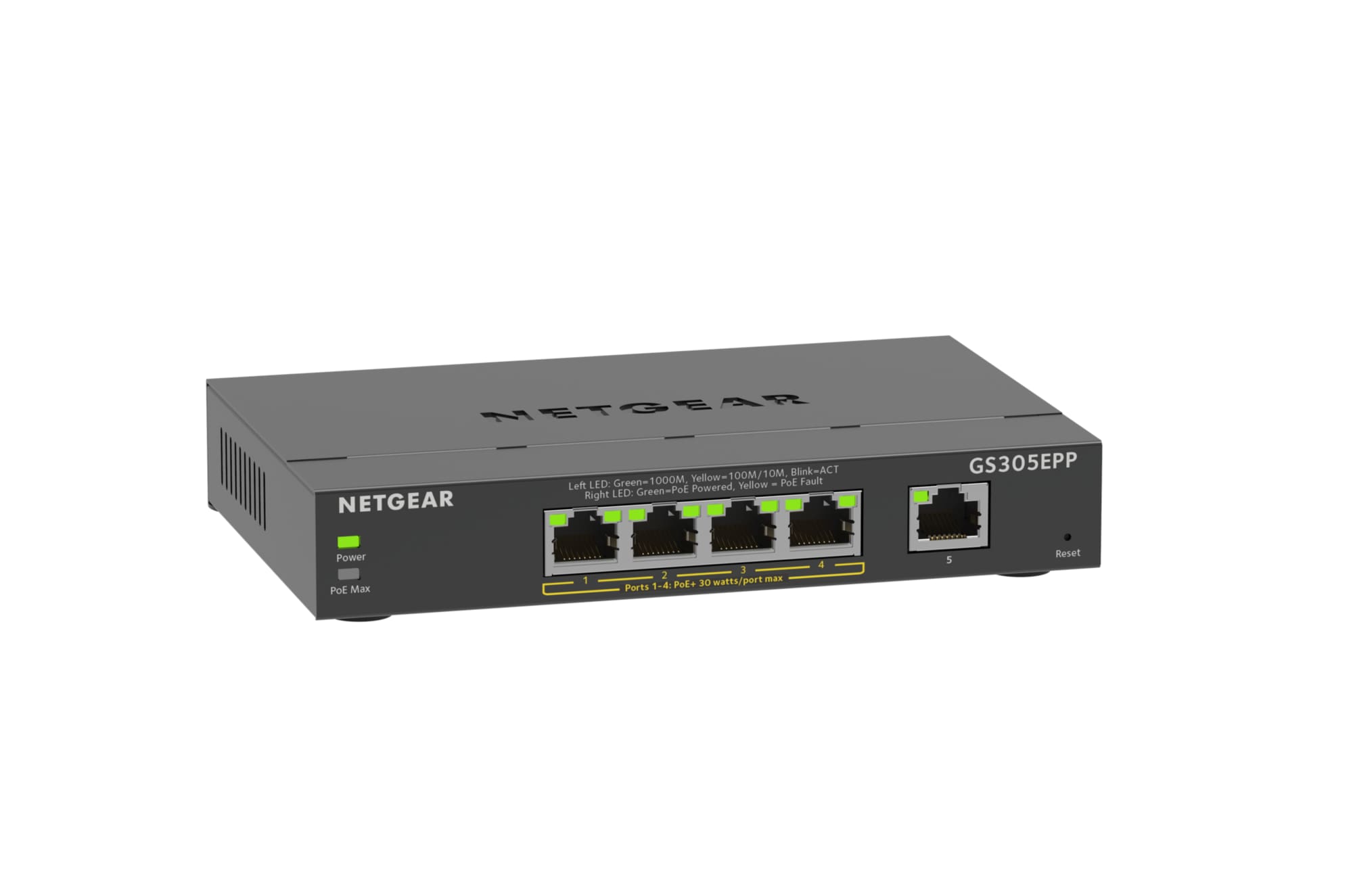 NETGEAR GS305EPP PoE Switch 4 Port Gigabit Ethernet LAN Switch PoE+ 120W Plus (5 Ports Plug-and-Play, Managed Netzwerk Switch PoE, IGMP Snooping, QoS, VLAN, Lüfterloses Metallgehäuse), Schwarz