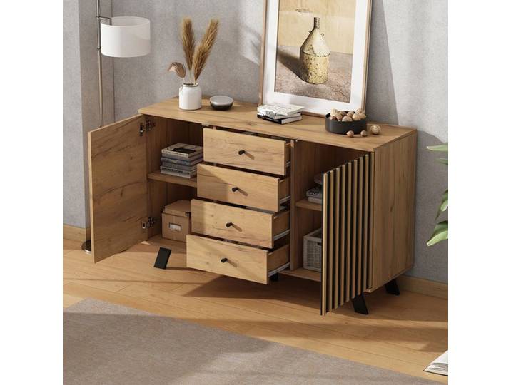 Buffet de salon - 120x38x75 cm - 4 tiroirs - 2 armoires - Pieds en bois massif