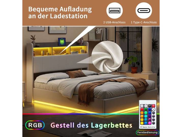 Lit Coffre Capitonné 140x190 avec Led Lit Rembourré Hydraulique avec USB Lit Double-DADEA-Lit 2 Personnes Velours Blanc
