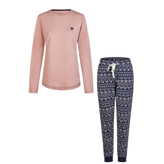 By Louise Dames pyjama set lang katoen roze/donkerblauw norwegian jacquard print