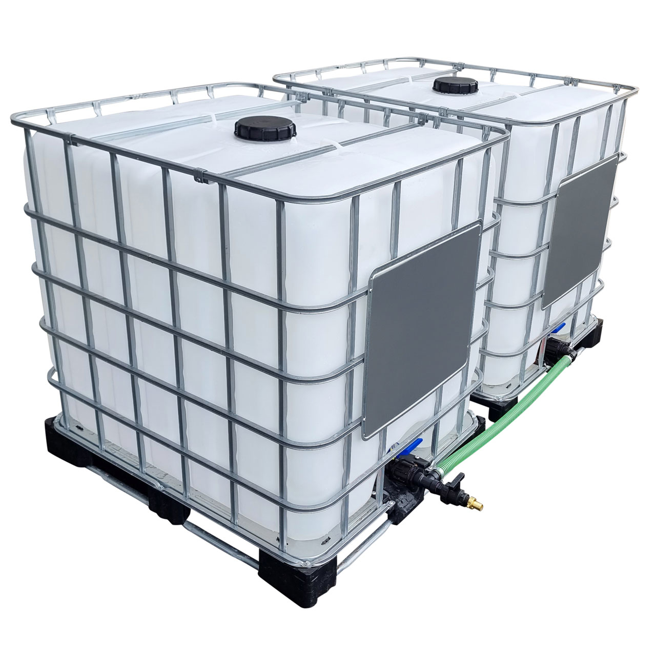 REKUBIK 2000l IBC Wassertank nebeneinander mit Schlauch Tankverbindung 50mm (2")
