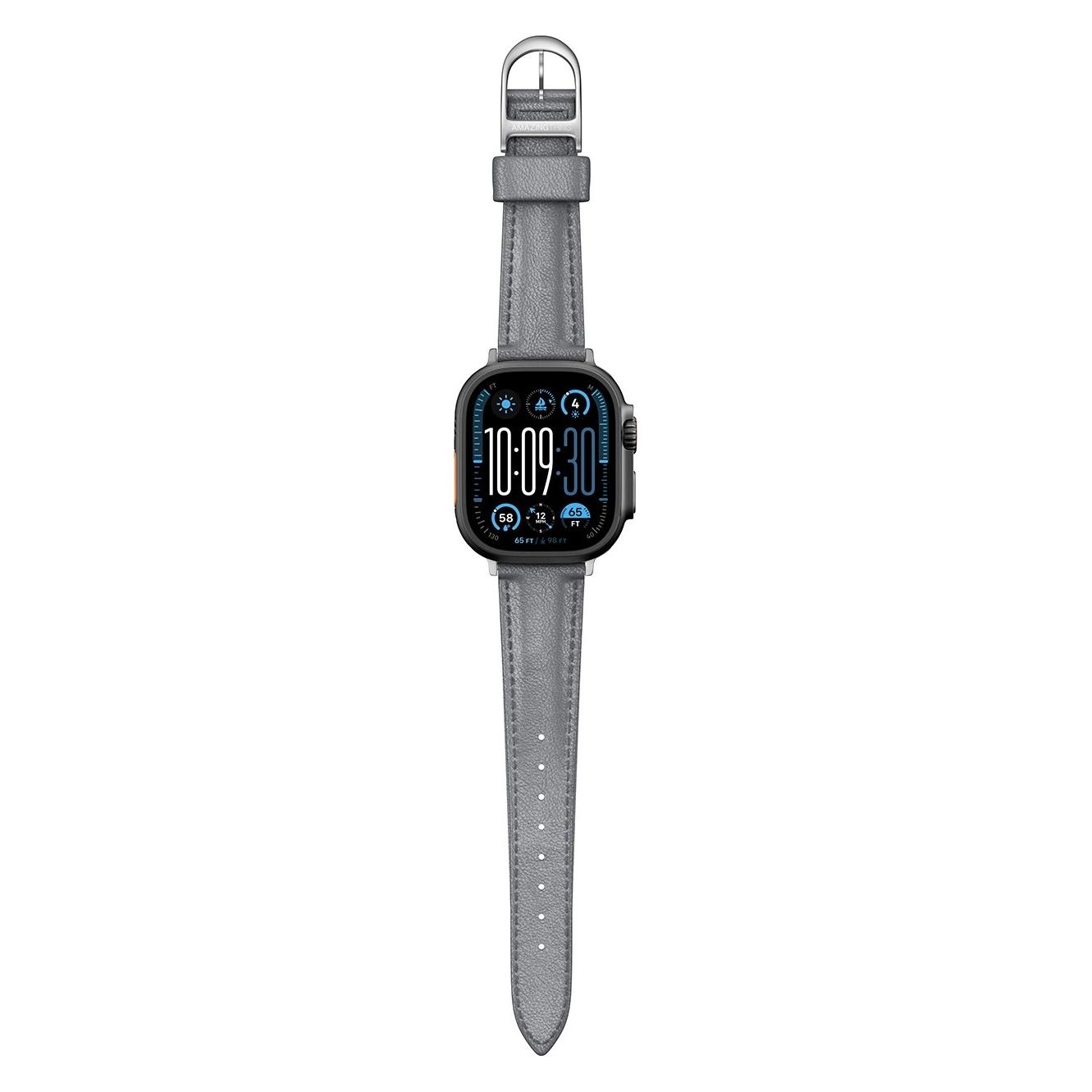 Amazingthing Class Band Lederarmband für Apple Watch 45 / 46 / 49 mm - Grau (Echtleder, Edelstahl) (1710923912)