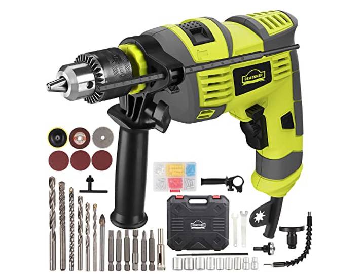 Professional Perceuse-visseuse à Percussion 710W\, DEWINNER Perceuse à Percussion Filaire avec 102 Accessoires\, 3300RPM\, Perceuse à Percussion électrique\, Poignée Rotative à 360°\, Mandrin 13mm