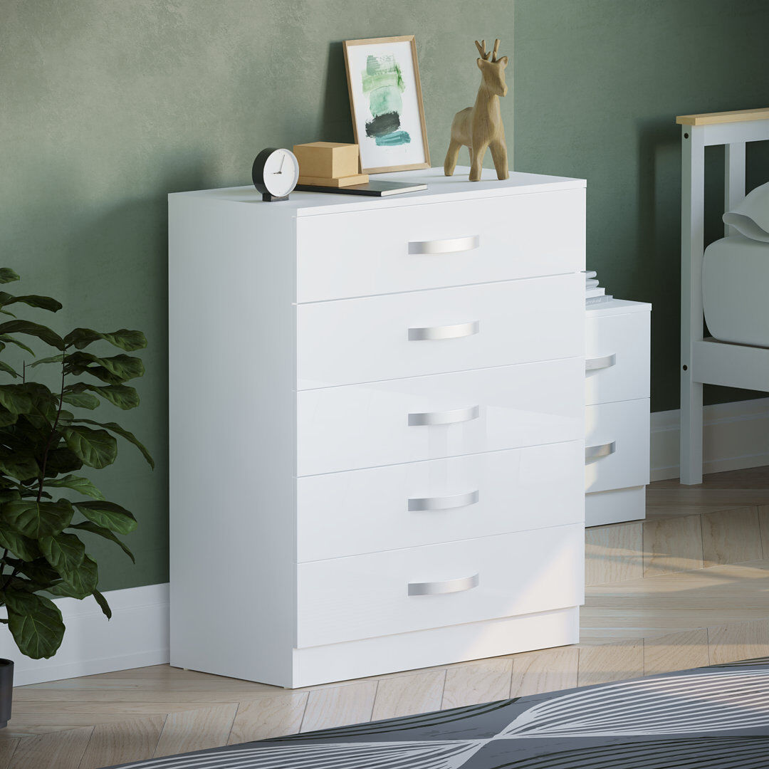 17 Stories Arkadij 5 - Drawer High Gloss Chest of Drawers, Anti Bowing Bedroom Storage Cabinet White 90cm H X 75cm W X 36cm D