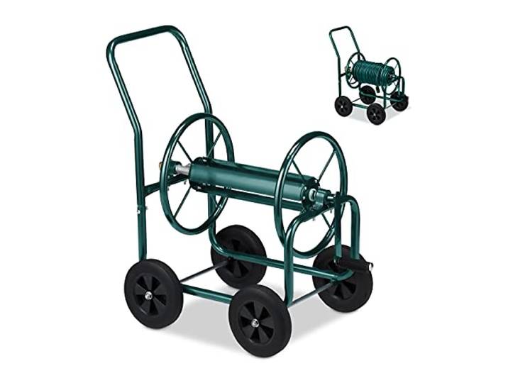 Relaxdays Schlauchwagen, bis 60 m, 4 Vollgummireifen, Klickkupplung, Schlauchtrommel Metall, Schlauchabroller, grün