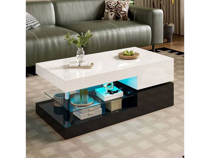 Table Basse Blanche Laquée et Noir Table Basse LED Contrôle via Application et Bluetooth Table Basse Design Salon Plateau Verre
