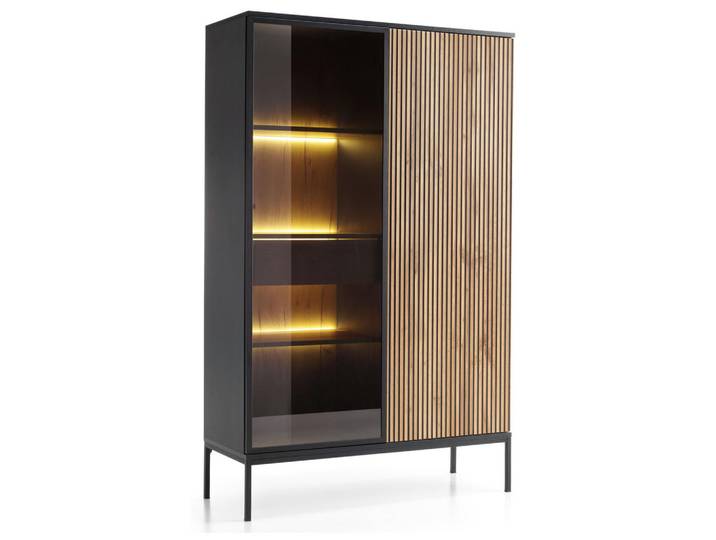 Komodee Vitrine Laval Wtsz104, Schwarz, Wotan-Eiche, Lamelle, mit LED-Beleuchtung, Schwarz, Eiche Wotan, Metall, 6 Fächer, 104x166x39 cm, Esszimmer, Vitrinen, Vitrinenschränke