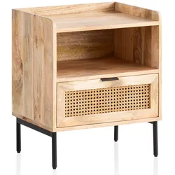 NACHTTISCH – Mango Massivholz/Rattan, 50x60x40 cm, 1 Schublade, Wiener Geflecht