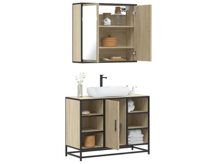 HWKQEQRF 2-TLG. Badmöbel-Set Sonoma-Eiche Holzwerkstoff Metallgestell,Lowboard,Waschbeckenunterschrank,Spiegelschrank,Wandmontage,Stauraum,industrielle Note