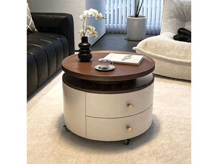 VSLreoiFX Runder Design-Couchtisch mit Schubladen und verborgenem Stauraum Moderner dekorativer Couchtisch für Wohnzimmer, Büro oder im Retro-Stil(B,50cm/19.7in)