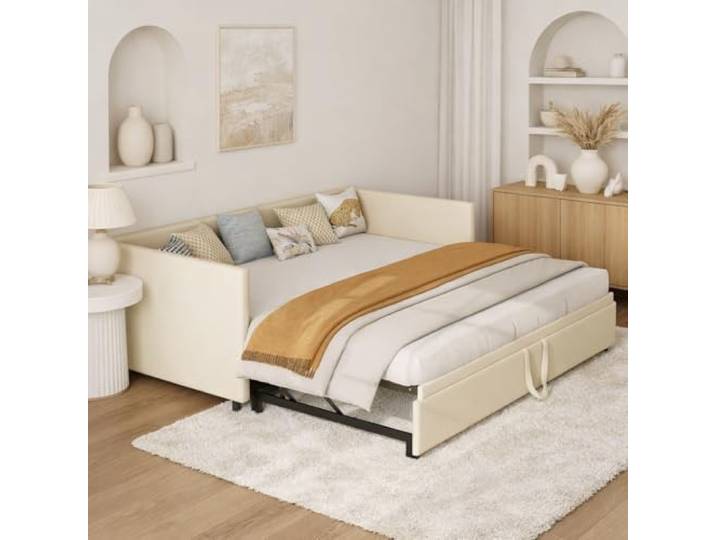 Hoscullo Schlafcouch 90/180x200 cm, Polsterbett Tagesbett mit Ausziehbett, Schlafsofa mit Bettfunktion und Lattenrost, Platzsparendes Schlafsofa für Wohnzimmer Gästezimmer, Samt (Beige)