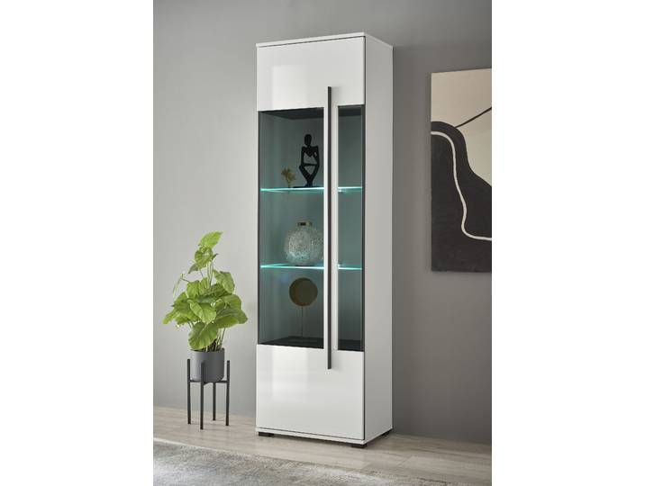 Vitrine HOME AFFAIRE Cantara, Vitrinenschrank in Eiche Evoke, Weiss o Kaschmir, Standvitrine , weiss (weiß, weiß hochglanz), B:60cm H:200cm T:37cm, Holzwerkstoff, Schränke, Vitrine, schwarzer Stangengriff, ausreichend Stauraum, vielseitig einsetzbar