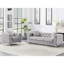 Sofa 3-Sitzer & Sessel - Hellgrau - Samt - EDWINA