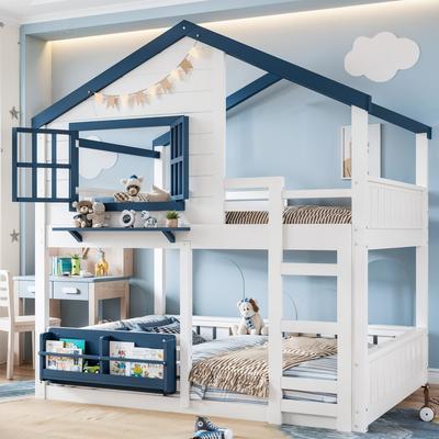 GREATPLANINC House Bunk Bed with Roof Windows Bookshelf Safety Fencing Ladder