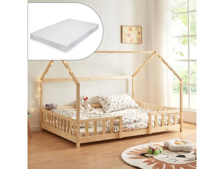 [en.casa] Kinderbett Sisimiut mit Matratze 140 x 200 cm Hausbett Montessori mit Rausfallschutz Holzbett für Kinder Bodenbett Lattenrost Kiefernholz Holzfarben
