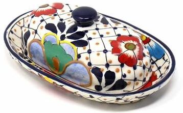 Global Crafts Handmade Pottery Butter Dish, Dots & Flowers