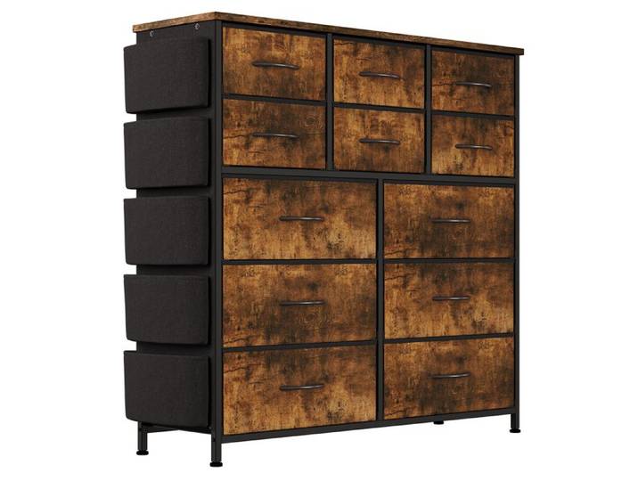 Commode 12 Tiroirs Meuble de Rangement pour Chambre Acier Panneau MDF - 12-Drawer Dresser with 5 Side Pockets and 2 Hooks -Marron