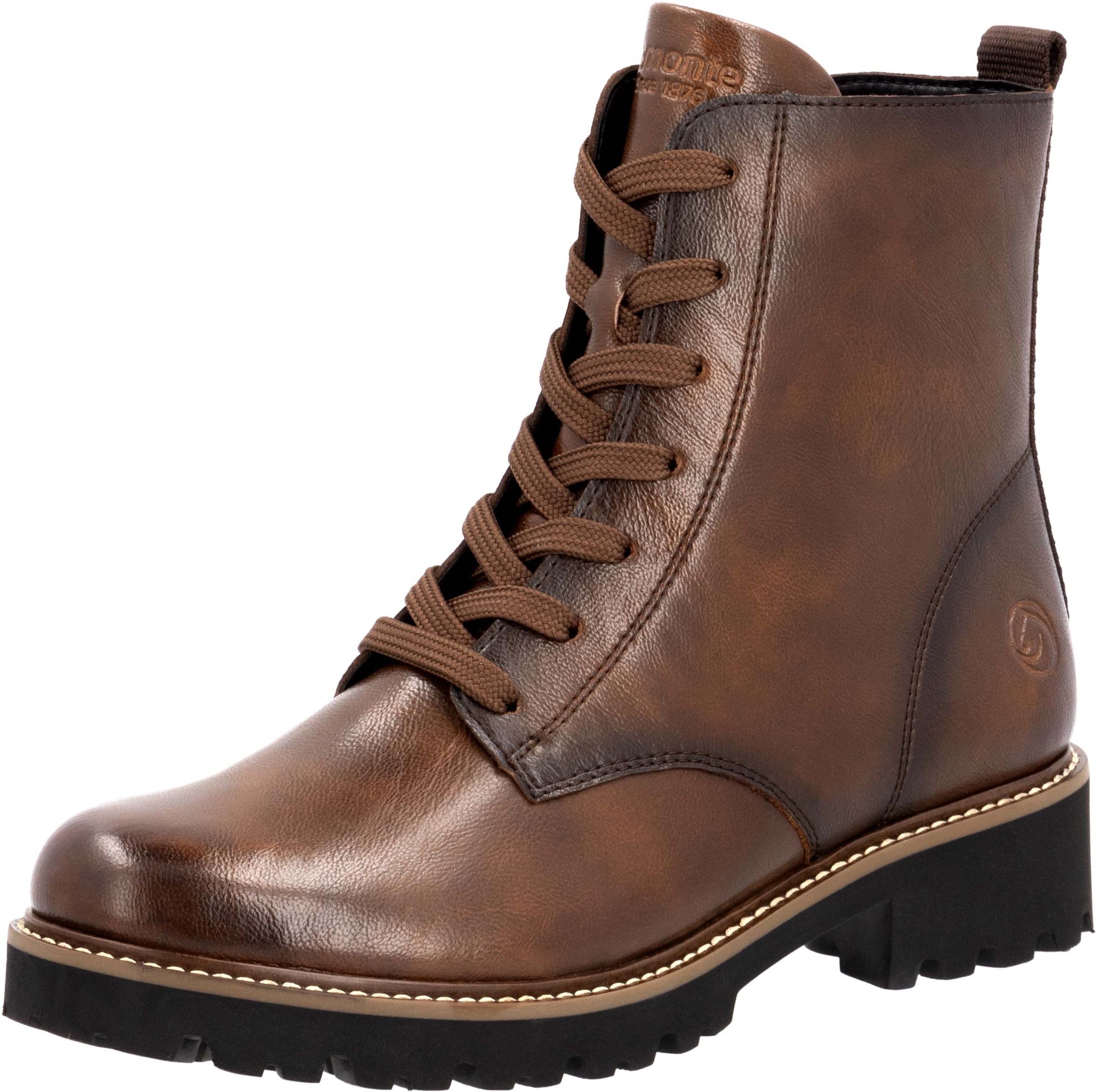 Schnürboots REMONTE, Damen, Gr. 45, wärmend, braun (mahagoni), Leder, Lederimitat, unifarben, Schuhe Schnürboots, Blockabsatz, Schnürstiefelette im Used Look mahagoni 45, wärmend
