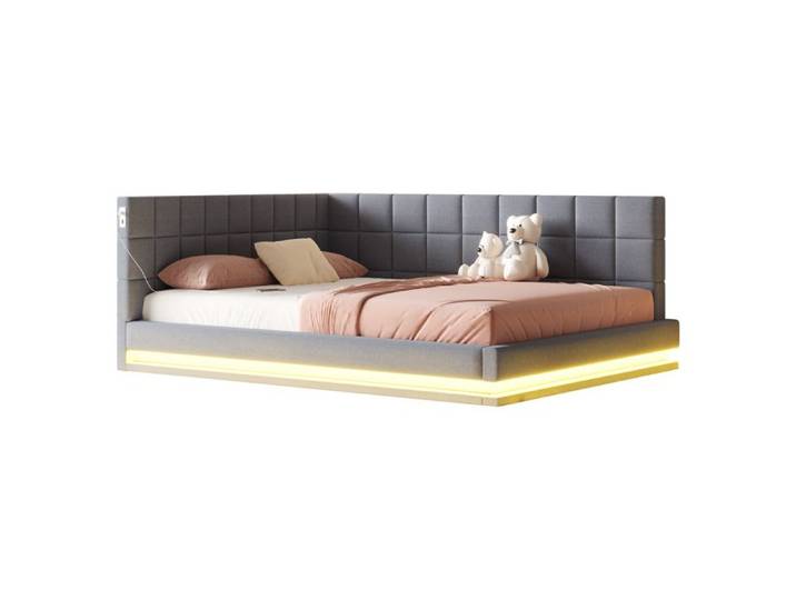VLIVRA Lit Banquette 160×200 cm Lit Double - LED multicolore USB et convertible - sans matelas - en Lin Gris