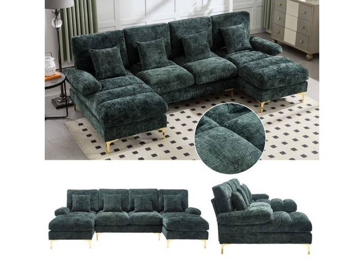 Ensemble de canapés en velours vert émeraude en forme de U à 4 places / Canapé d'angle inclinable à 2 places / Convient aux salons