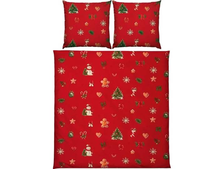 Erwin Müller Edelflanell Bettwäsche Lebkuchenmännchen, Tannenbaum, Schneemann, Weihnachten rot Größe 80x80 cm / 200x220 cm - kuschelige Wärme, temperaturausgleichend, mit Reißverschluss