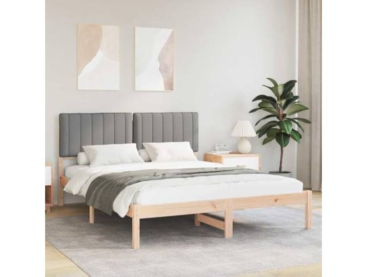 WDGJJFECNMUEHI Kiefernholz Bettgestell Leinen Kopfstütze Grau 160x200 cm Massivholz Bettgestell mit gepolstertem Kopfteil Hellgrau 160x200 cm Lattenrost ohne Boxspring Lesen Entspannen