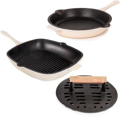 BergHOFF Neo 3pc Cast Iron Fry Pan & Grill Pan Set with Slotted Steak Press, Meringue