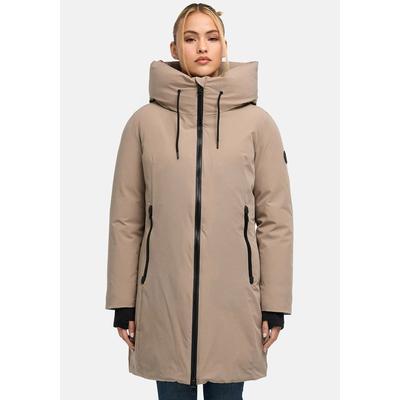 Winterjacke MARIKOO "Polarhäschen", Damen, Gr. M, beige (fango), Obermaterial: 92% Nylon, 8% Elasthan, Jacken Winterjacke, Wintermantel mit Kapuze, Stehkragen, taillierte Rückenpartie
