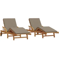 vidaXL Sonnenliegen 2 Stück mit Kissen und Rädern Taupe Akazienholz