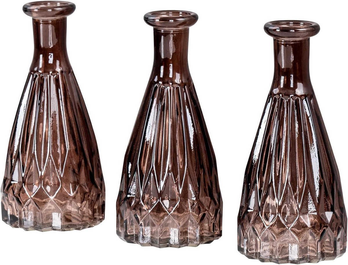 Set van 3 bruine glazen vazen met vintage kristalpatroon, Hoogte: 15 cm