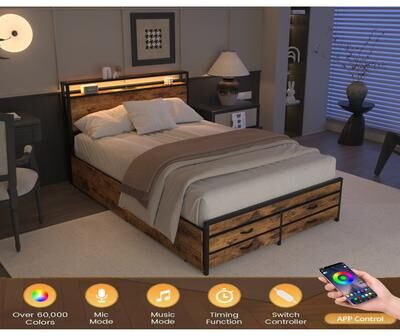 GREATPLANINC Smart LED Platform Bed, LED Headboard with Charging Station, Practical Storage Bed with 8 Drawers, Heavy Duty Metal Slat Support
