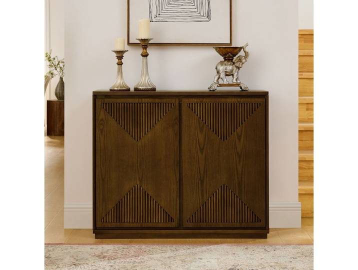 WOVREO Buffet bas style vintage design V rainuré bois brun portes fermées structure MDF 99 06 cm