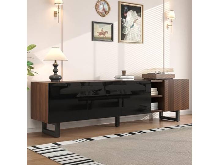 Ropilly tv-Schrank 180 cm lowboard schwarz Natur mit Holzmaserung Hochglanz TV‑Board mit 4 grifflosen Türen und stabilem Eisenrahmen für das moderne Wohnzimmer.