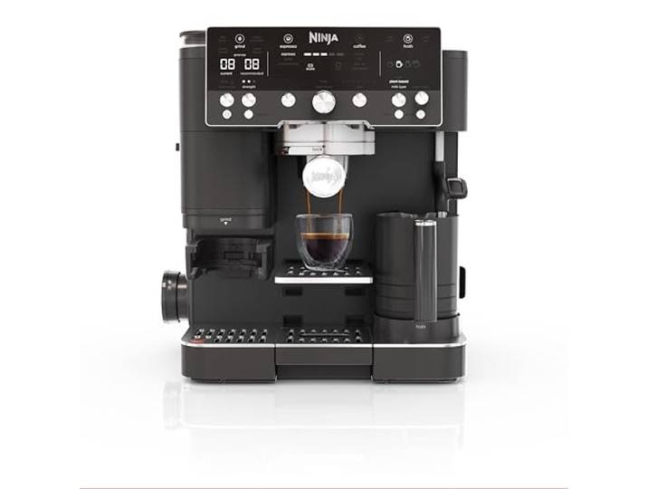 Ninja Luxe Café Premier 3-in-1-Kaffeemaschine mit Mahlwerk & Aufschäumer Smarte Siebträgermaschine mit integrierter Waage & 25 Mahlgraden, automatischem Michsystem, Mitternachtsschwarz - ES601EUBK