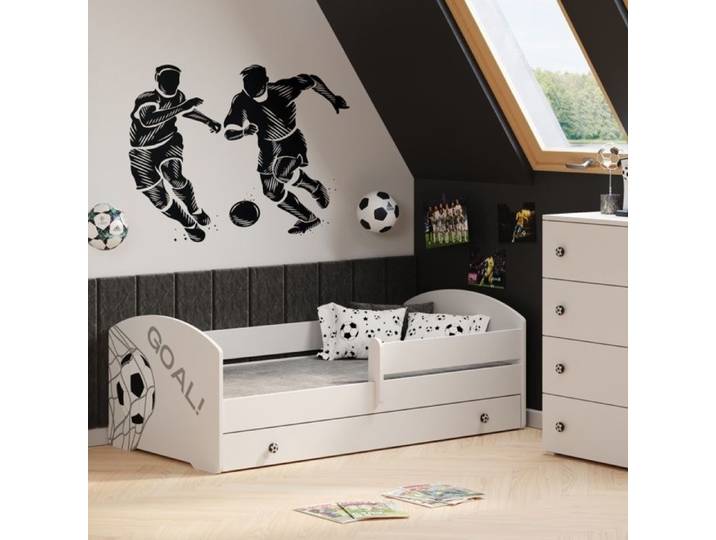 Lit enfant LUK 80x160 avec matelas sommier et tiroir barrière de sécurité Blanc - football