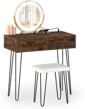 Costway Vanity Desk with with Lighted Adjustable Mirror for Bedroom-Rustic Brown