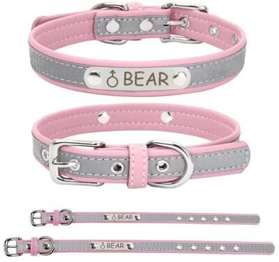 Uplift Picks Personalized PU Leather Dog Collar With Engraved Name Tag pink l