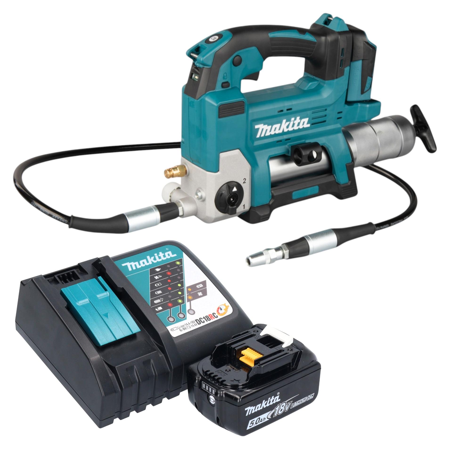 Makita DGP 180 RT1 Akku Fettpresse 18 V 690 bar + 1x Akku 5,0 Ah + Ladegerät