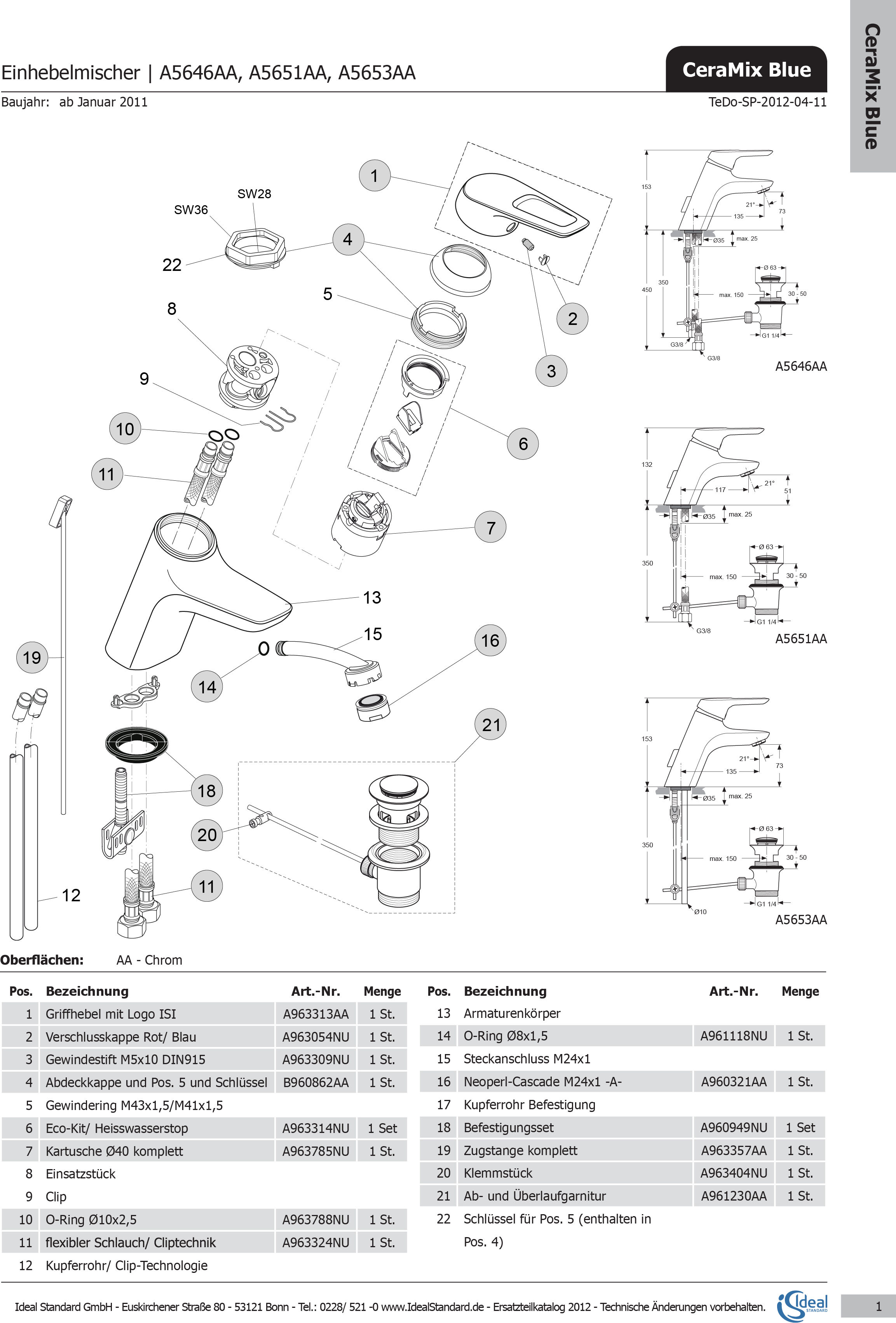 Ideal Standard Kit / arrêt d'eau chaude, cartouche A963314NU 40mm