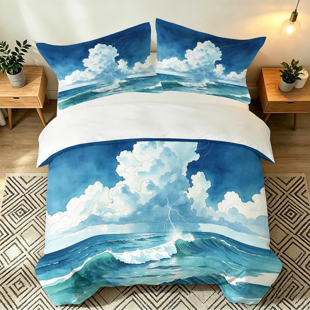 Blauw Dekbedovertrek Set met 3D Wolken Print en 2 Kussenslopen van 80x80 cm