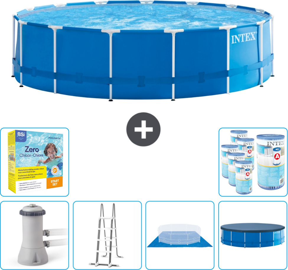 Intex Rundrahmen-Schwimmbecken - 457 x 122 cm - Blau - inklusive Pumpe - Leiter - Bodenplane - Abdeckung Wartungspaket - Filter