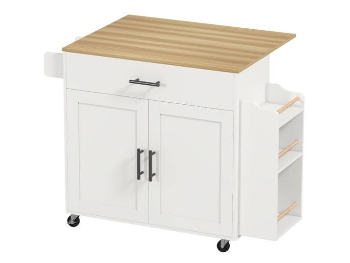 Flora Grace Kücheninsel 120/68/85 cm in Weiß mit Klappplatte und Rollen, Holz, 120x85x68 cm, Küchen, Küchenmöbel, Kücheninseln