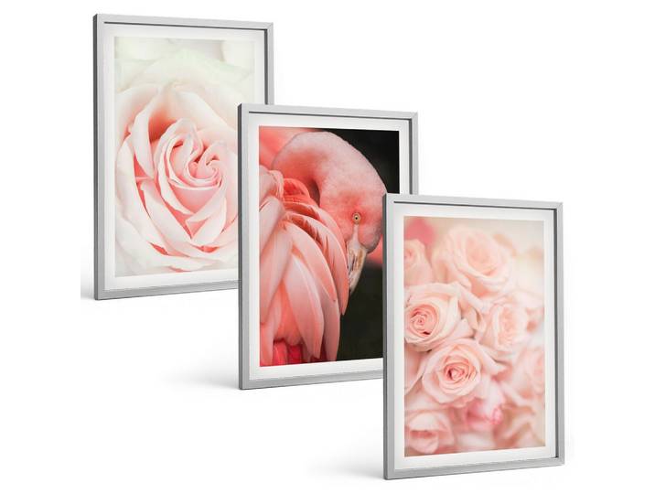 BILDER SET 3er Set - 40x60 cm Silberner Rahmen - Zartrosa Flamingos