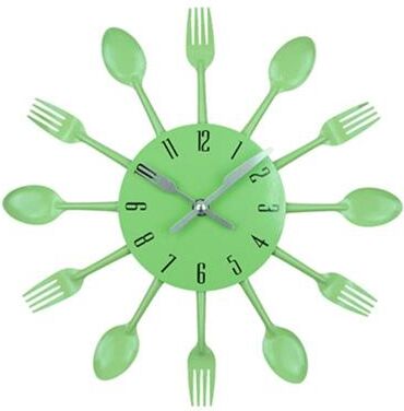 Everyday Crate Modern Cutlery Kitchen Wall Clock With Silent Quartz Movement Decorative Metal Design Green