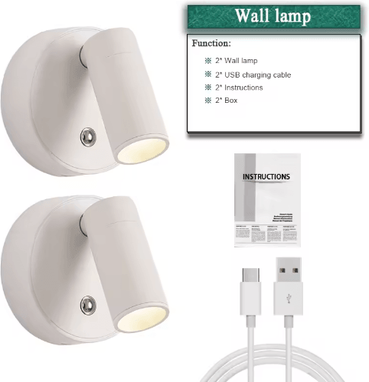 Inspire Picks 4PCS Rechargeable Magnetic LED Wall Lights 350 Rotatable Touch Dimmable Bedside Lamps white 2pc