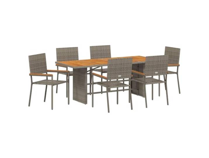 Coespram Garten Essgruppe 7-teilig Grau Poly-Rattan Tisch Set 6 Stühle Stilvolles Outdoor-Set mit Akazienholz-Armlehnen und Glasplatte für gesellige Stunden im Garten und auf der Terrasse.
